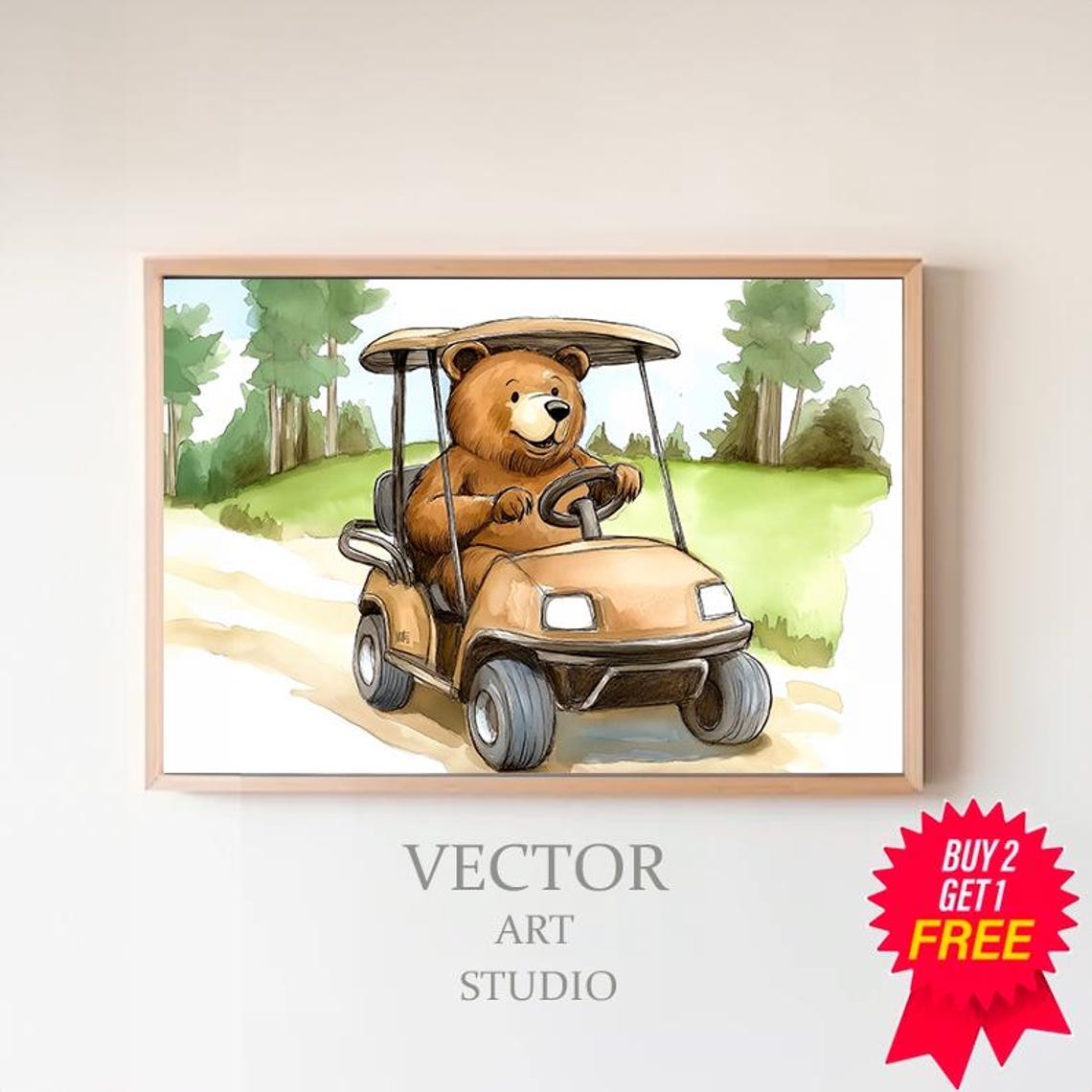 Smiling Bear Driving Golf Cart Watercolor Nursery Golf Theme Poster
