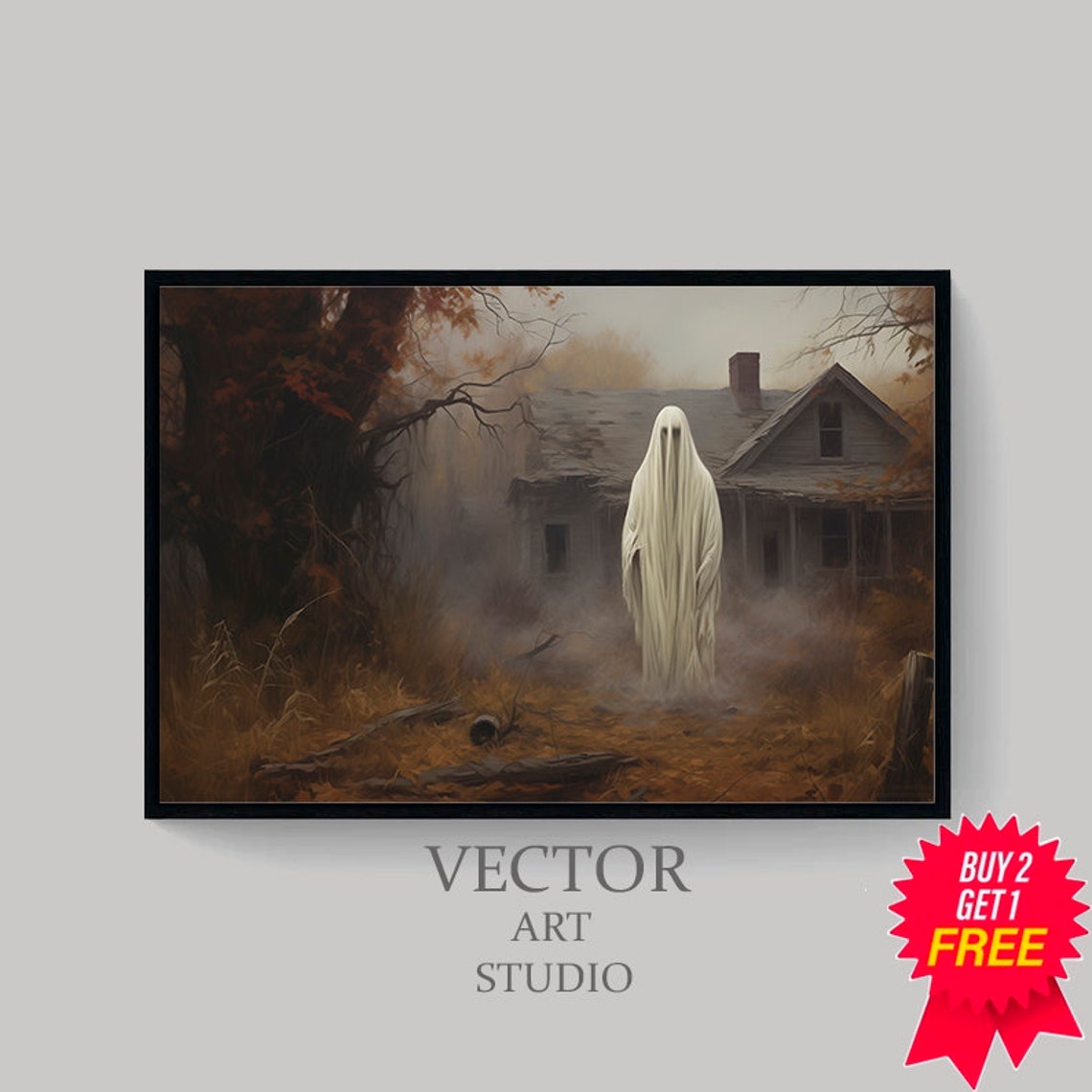 Ghost by Abandoned Farmhouse Foggy Fall Haunted Field Poster - Image 4