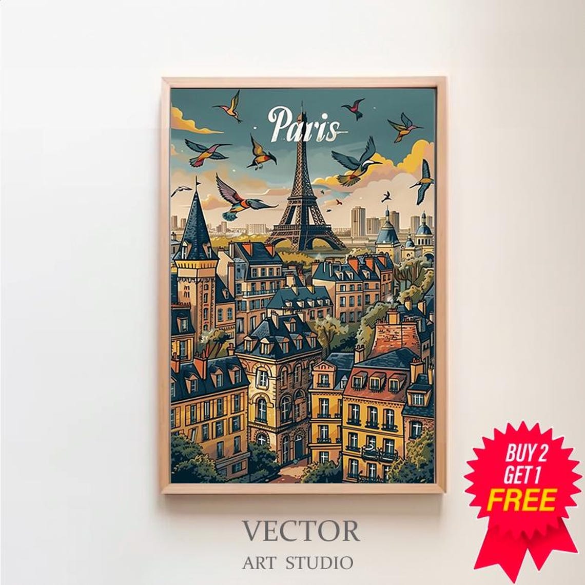 Paris Eiffel Tower With Flying Birds At Sunset Travel Poster