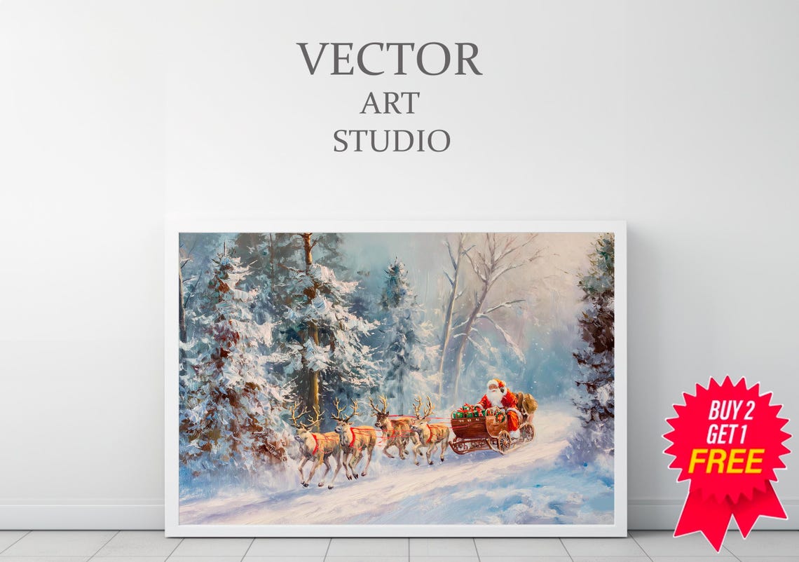 Santa Sleigh With Reindeer In Snowy Forest Christmas Wall Art - Image 3