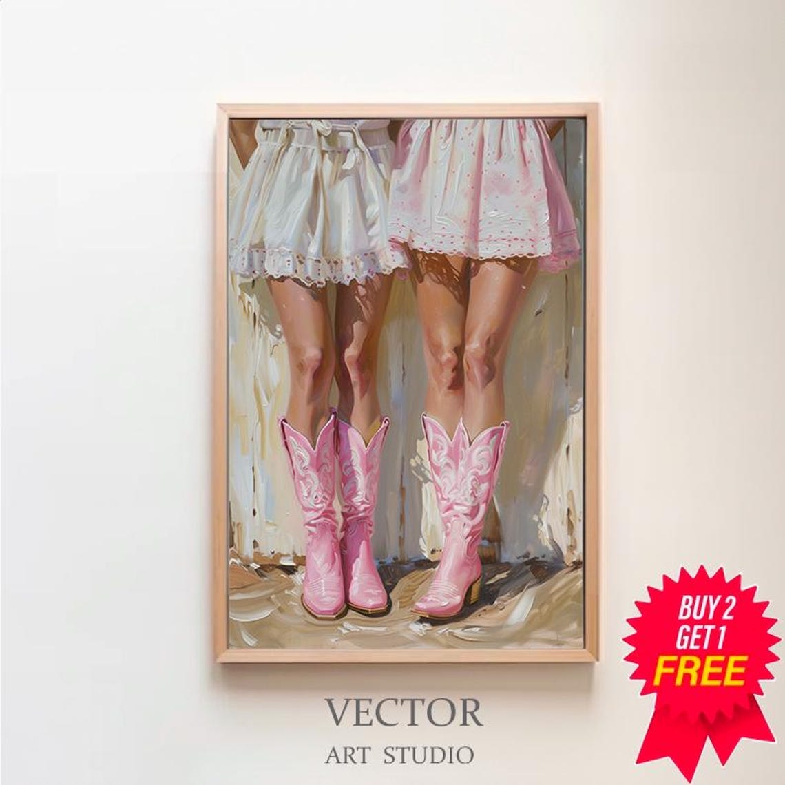 Pink Cowboy Boots with White Ruffle Skirts Western Style Poster