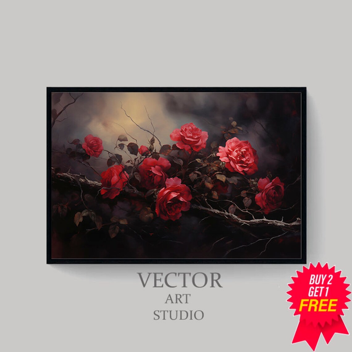 Wild Red Roses on Dark Branch Moody Botanical Floral Wall Poster - Image 4