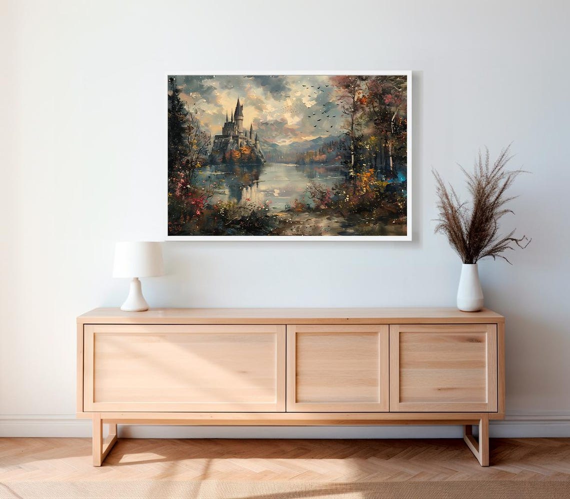 Watercolor Wizard Castle on Autumn Lake Impressionist Art Print - Image 2