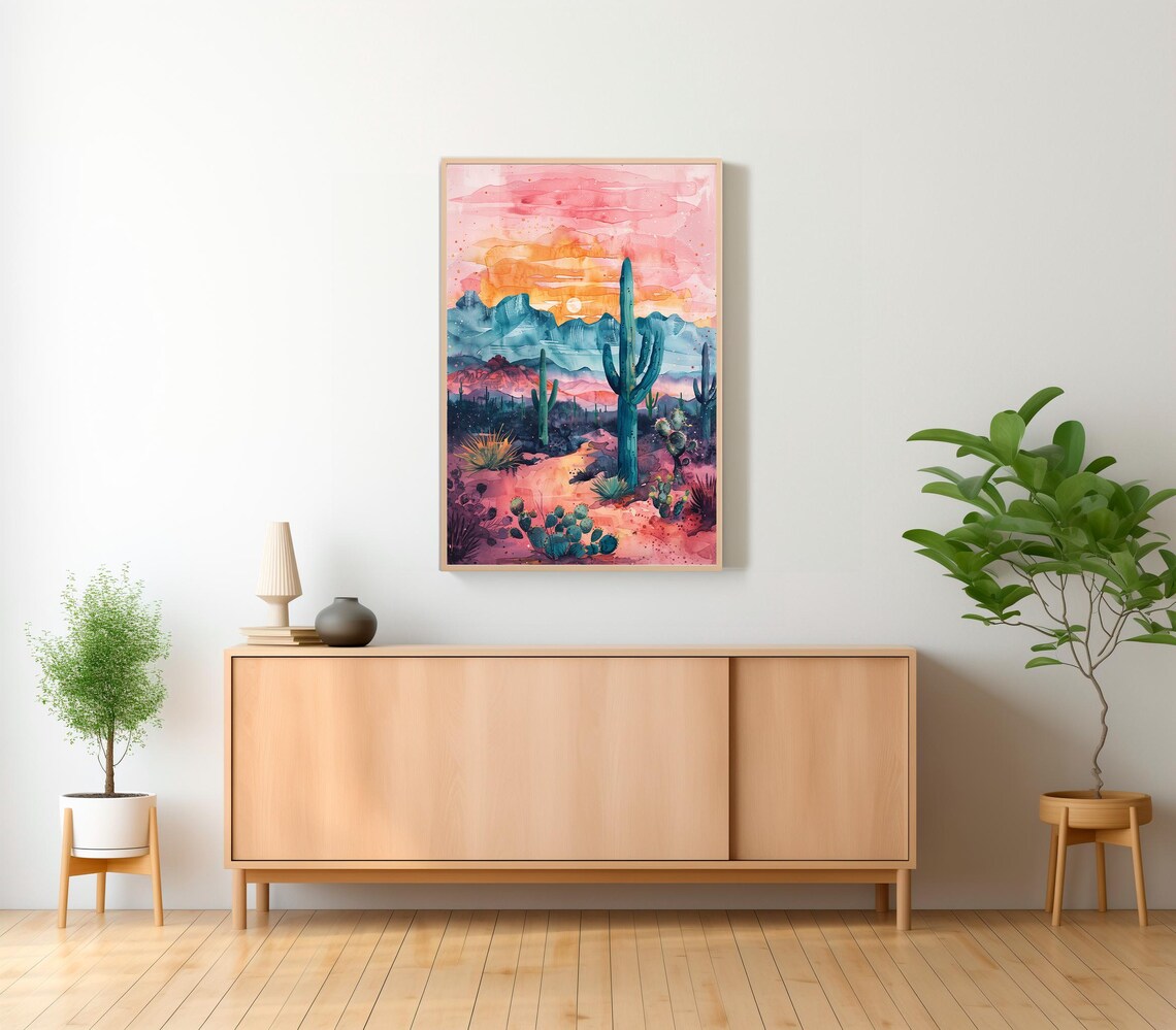 Desert Sunset Saguaro Cacti Teal And Pink Mountains Watercolor Poster - Image 2