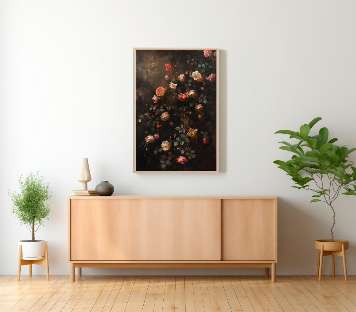 Blush Roses Cascading in a Moody Dark Floral Oil Painting Wall Poster - Image 2