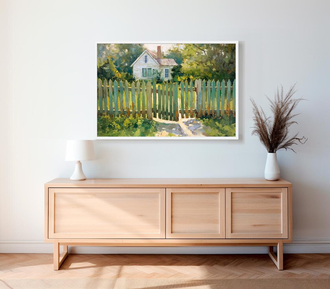 White Farmhouse Behind Picket Fence Sunny Countryside Art Poster - Image 2