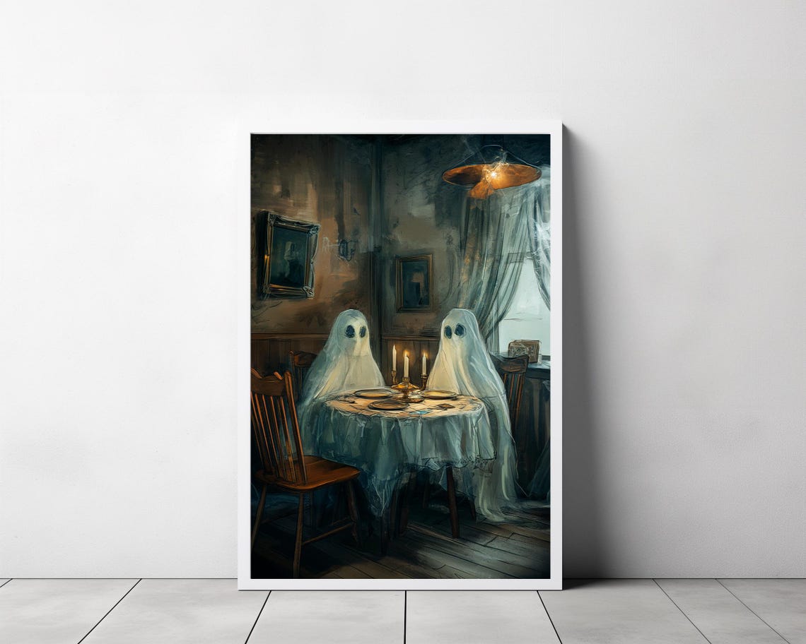 Two Ghosts Sharing Candlelit Dinner In Vintage Dining Room Poster - Image 3