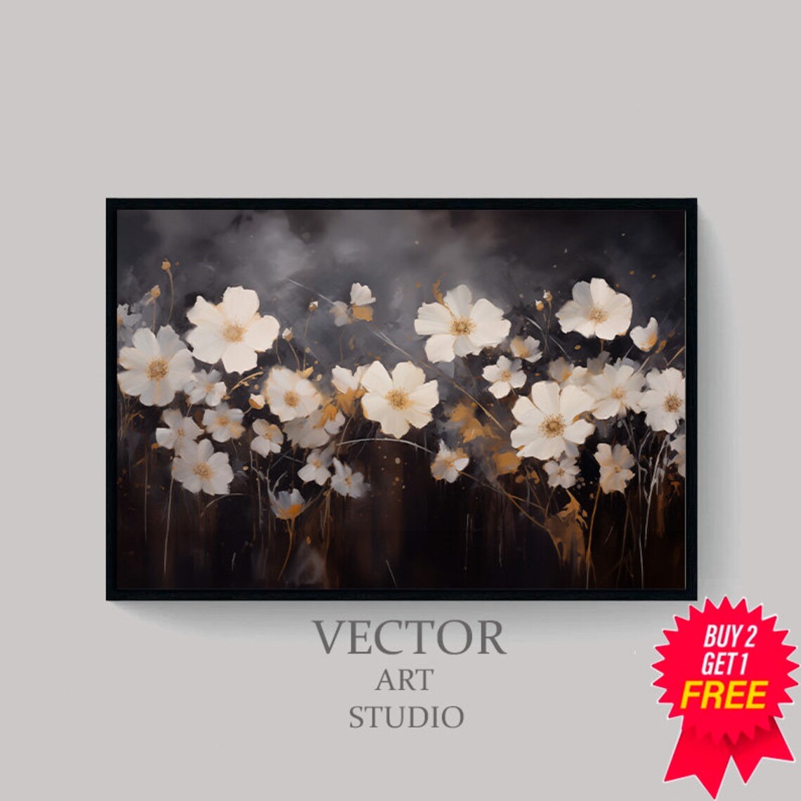 White Cosmos Flowers on Dark Charcoal Moody Floral Painting Art Poster - Image 4