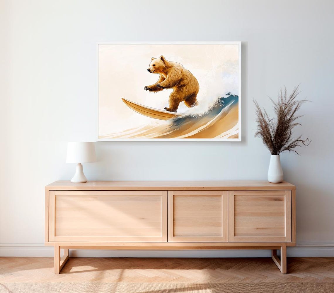 Golden Bear Surfing A Warm Golden Wave On A Surfboard Nursery Wall Art - Image 2