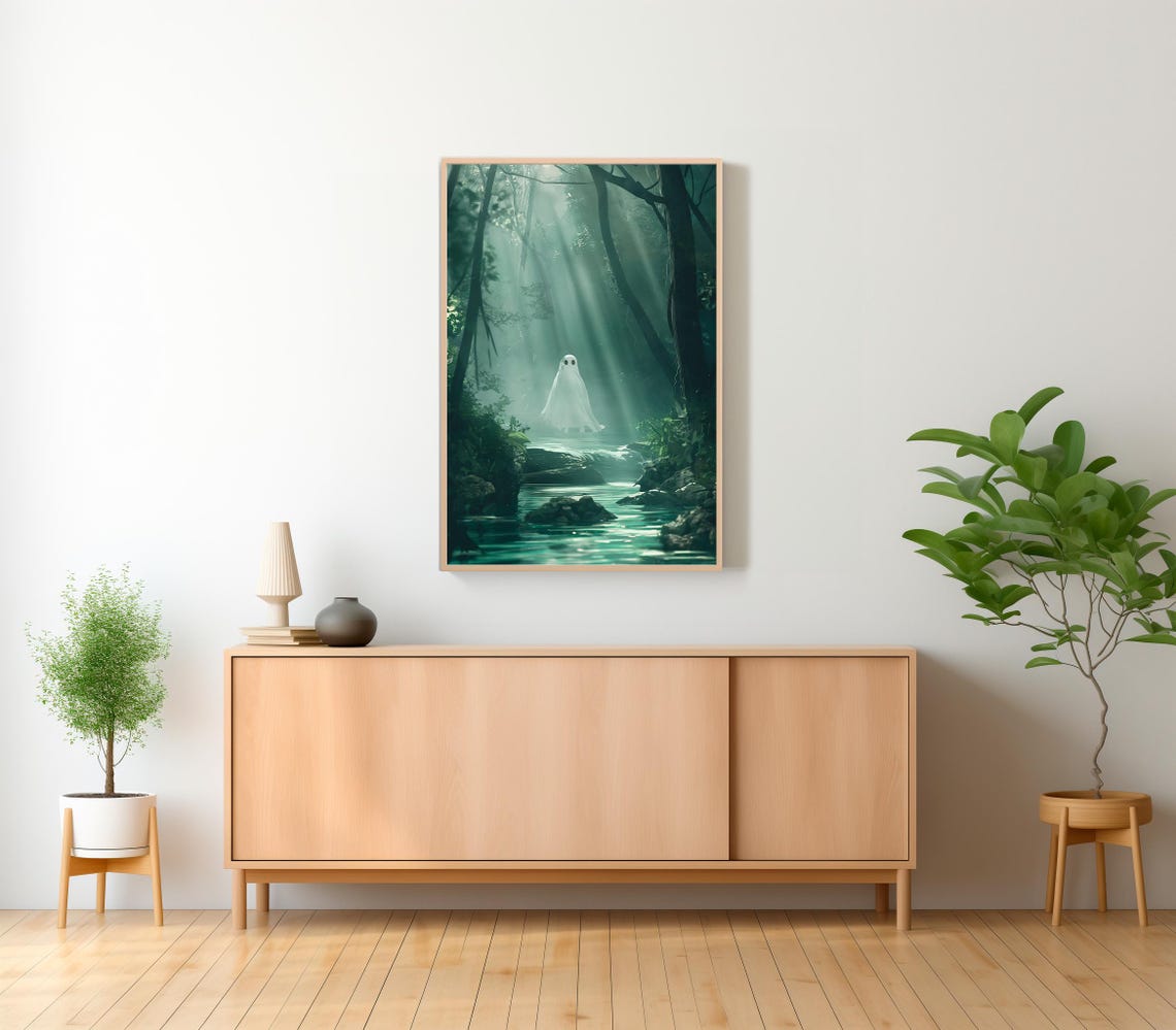 Small Ghost Standing In Sunbeam Lit Forest Stream Ethereal Art Poster - Image 2