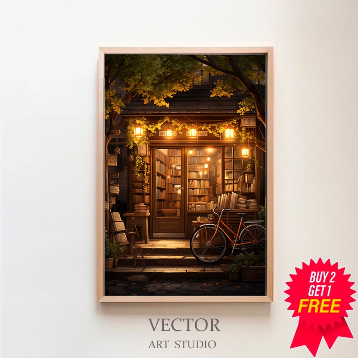 Cozy Night Bookshop Glowing Windows Bicycle Bookstore Poster