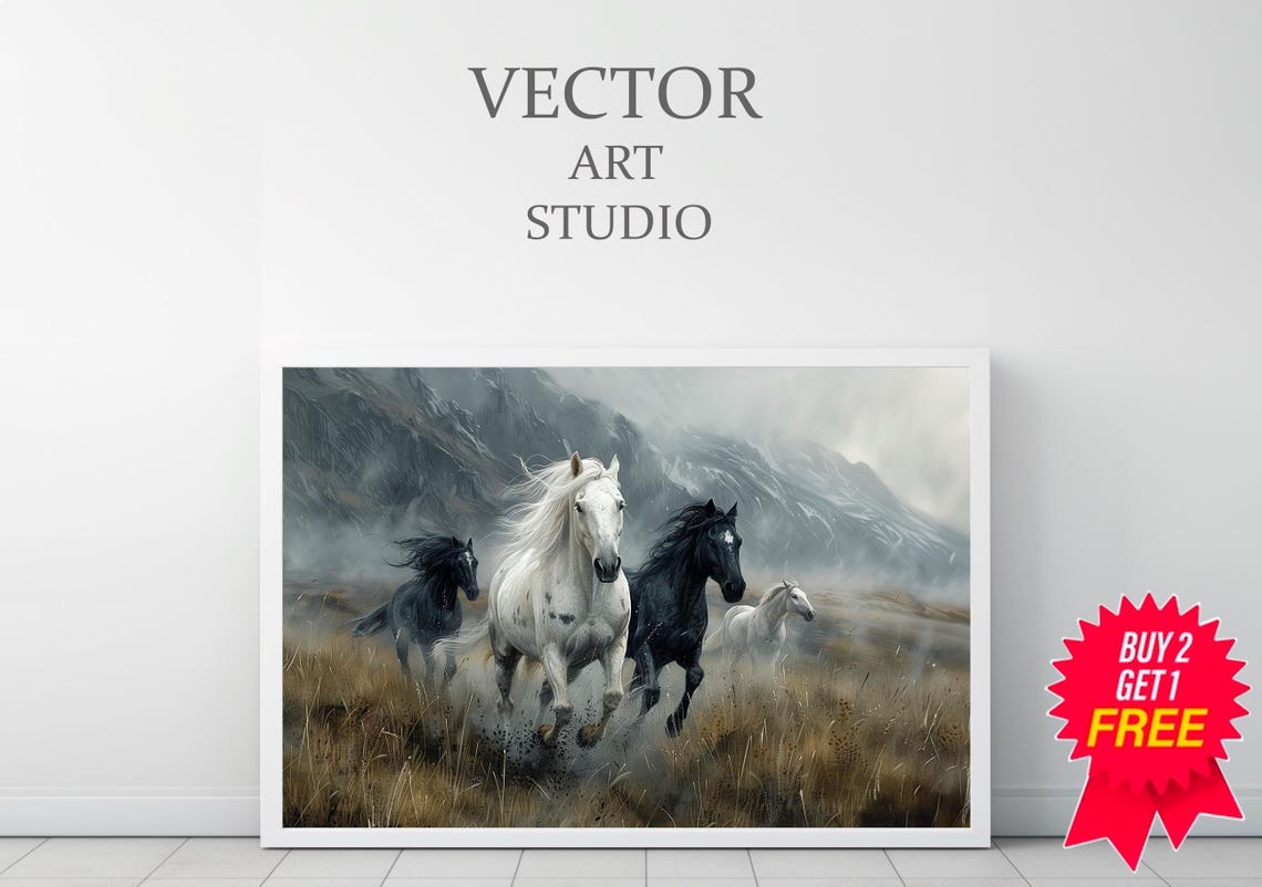 Wild Horses Stampede Golden Grass Misty Mountain Hills Poster - Image 3