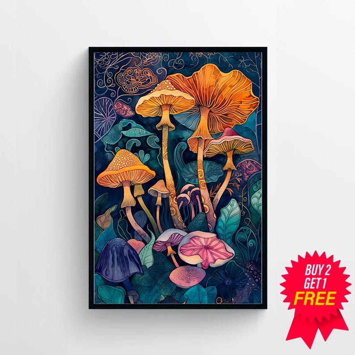 Colorful Whimsical Mushrooms on Dark Teal Art Nouveau Style Wall Art - Image 4