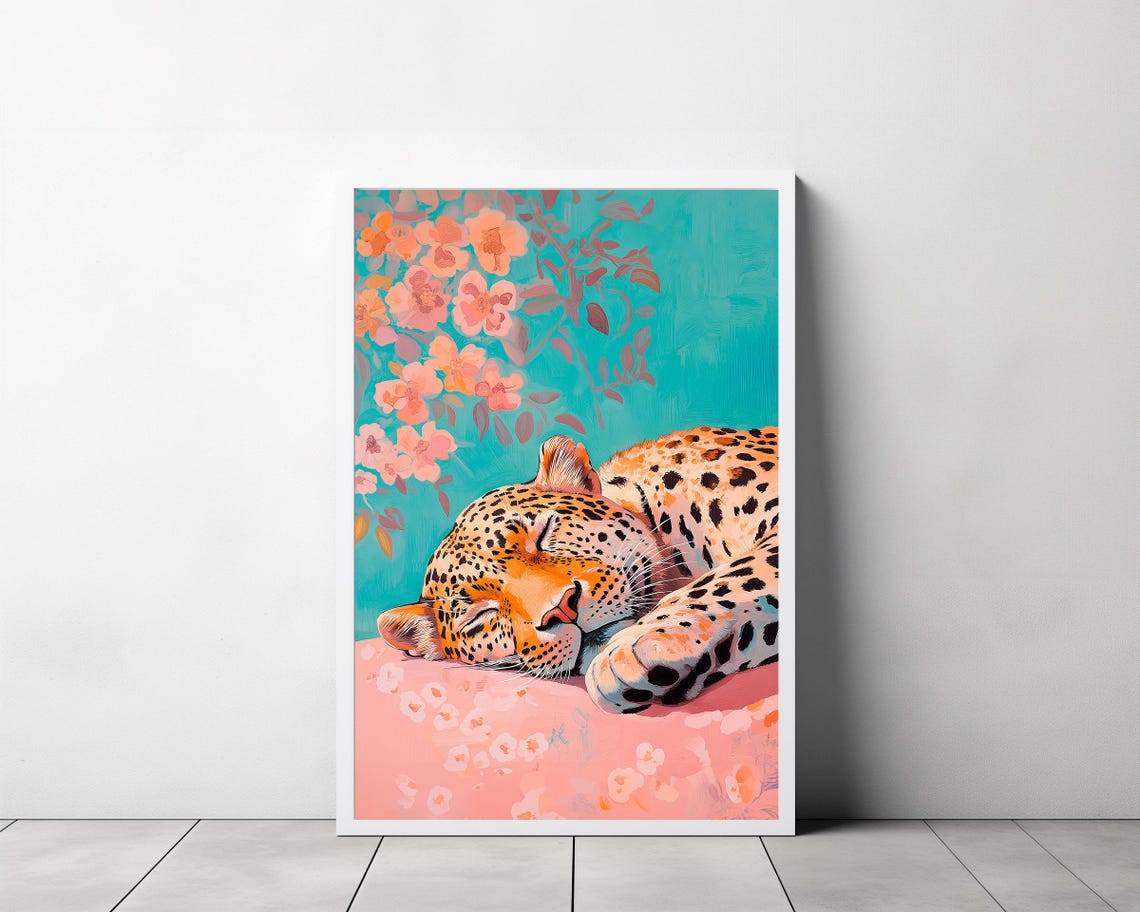 Sleeping Leopard with Peach Blossoms on Teal Maximalist Poster - Image 3