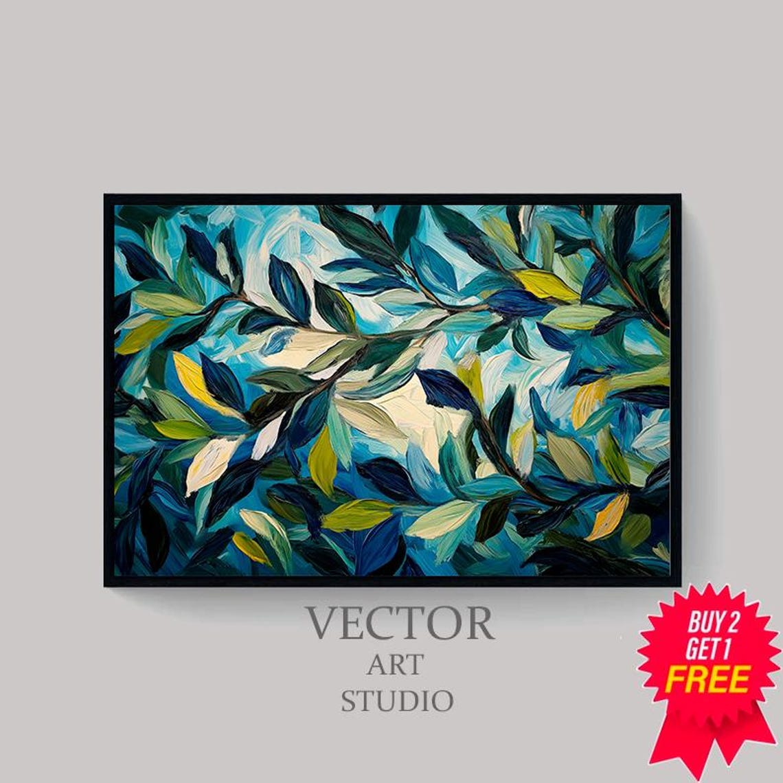 Abstract Blue and Green Leaf Branches Bold Impasto Style Art Poster - Image 4