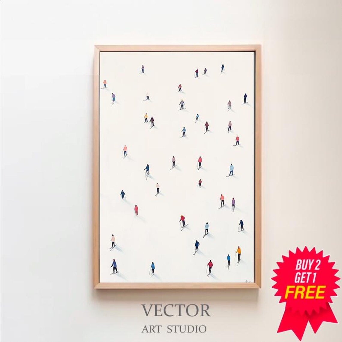 Minimalist Watercolor of Tiny Colorful Skiers on White Snow Poster