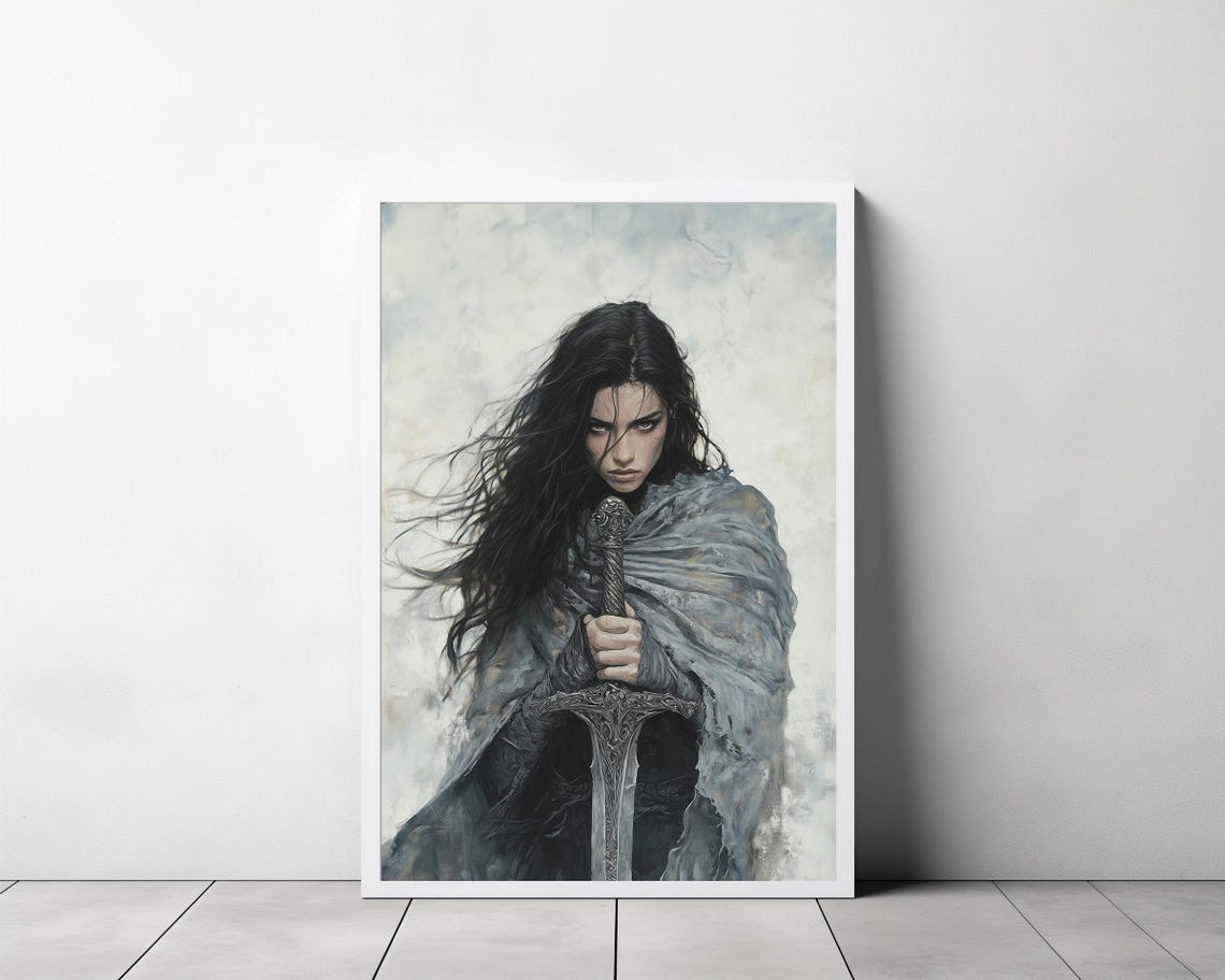 Hecate Dark Sorceress Leaning on Sword Gray Cloak Portrait Poster - Image 3