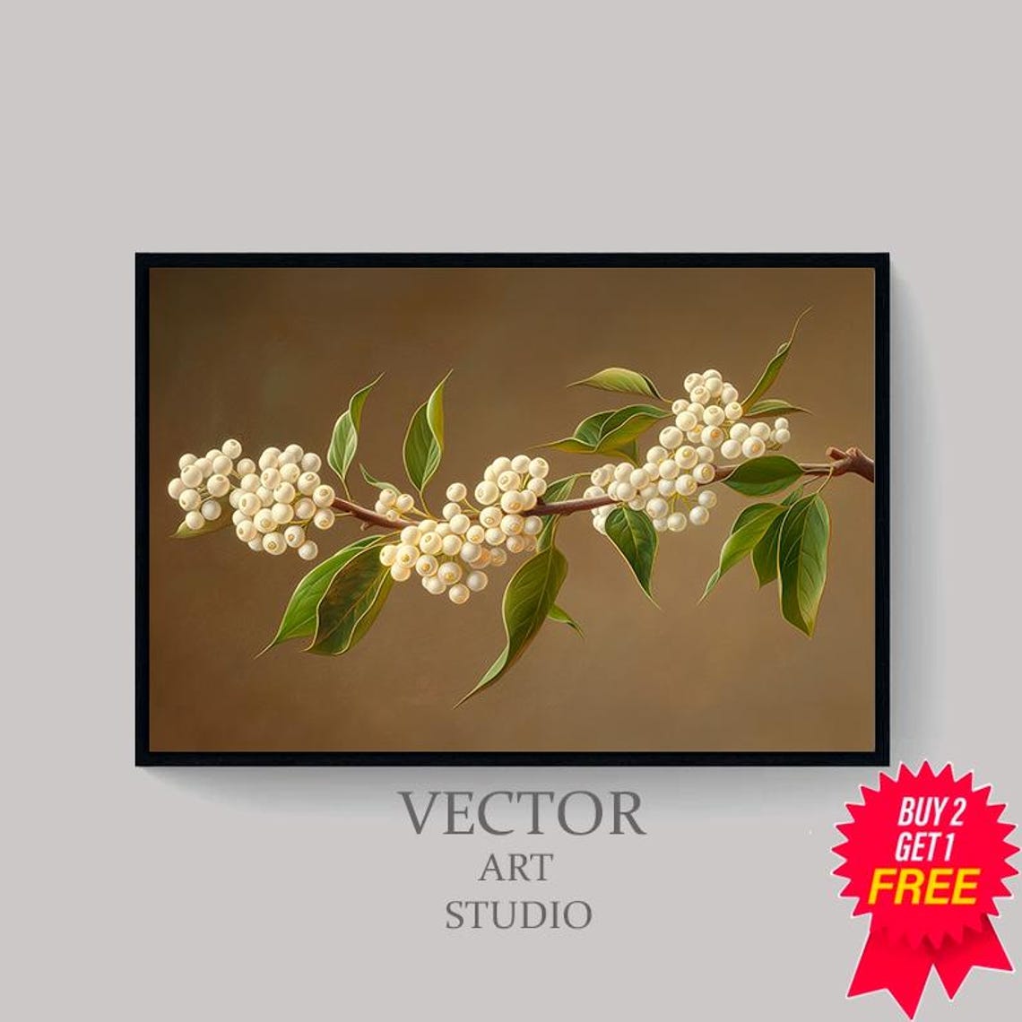 White Winter Berries Branch Vintage Botanical Art on Brown Poster - Image 4