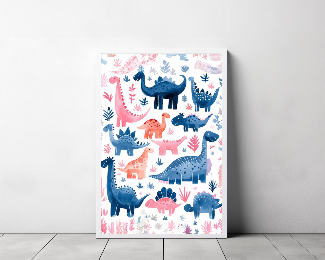 Pink and Blue Dinosaurs Prehistoric Pattern Kids Nursery Poster - Image 3