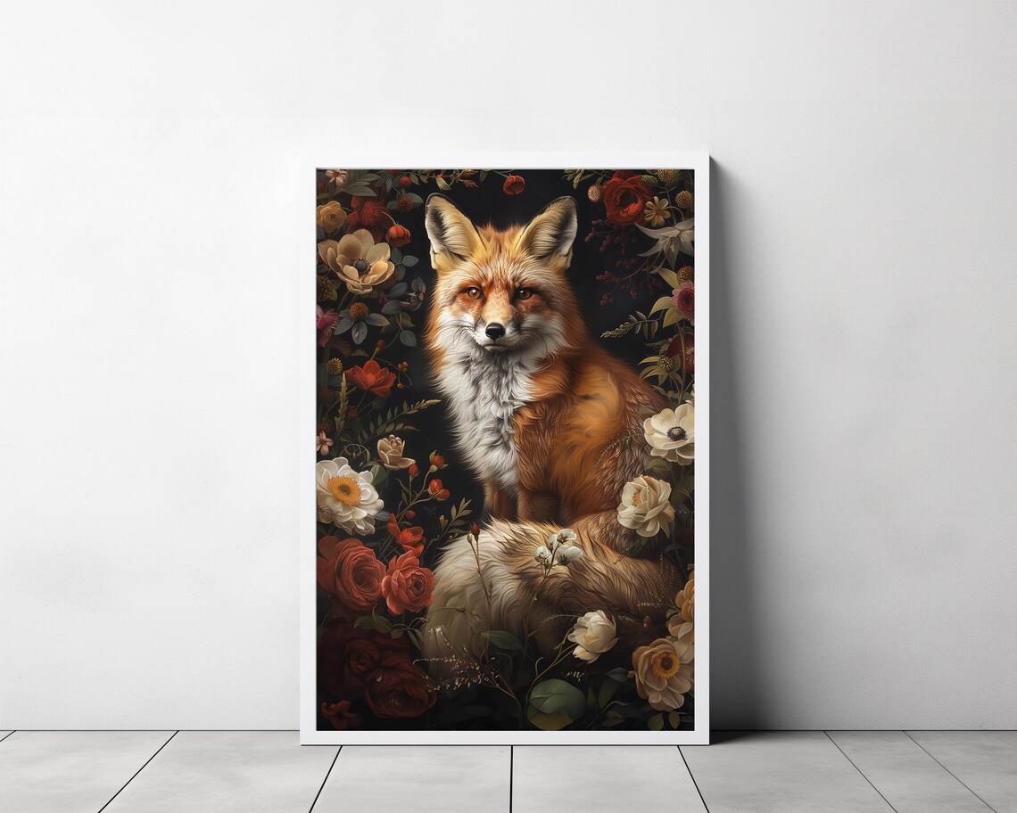 Red Fox Sitting Among Dark Flowers in a Moody Night Forest Poster - Image 3