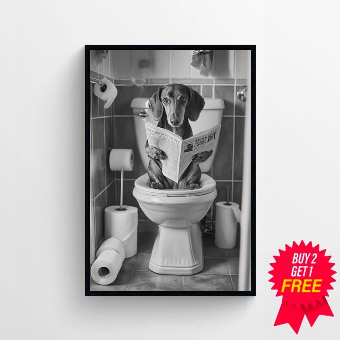Funny Dachshund Reading the Newspaper on the Toilet Bathroom Poster - Image 4