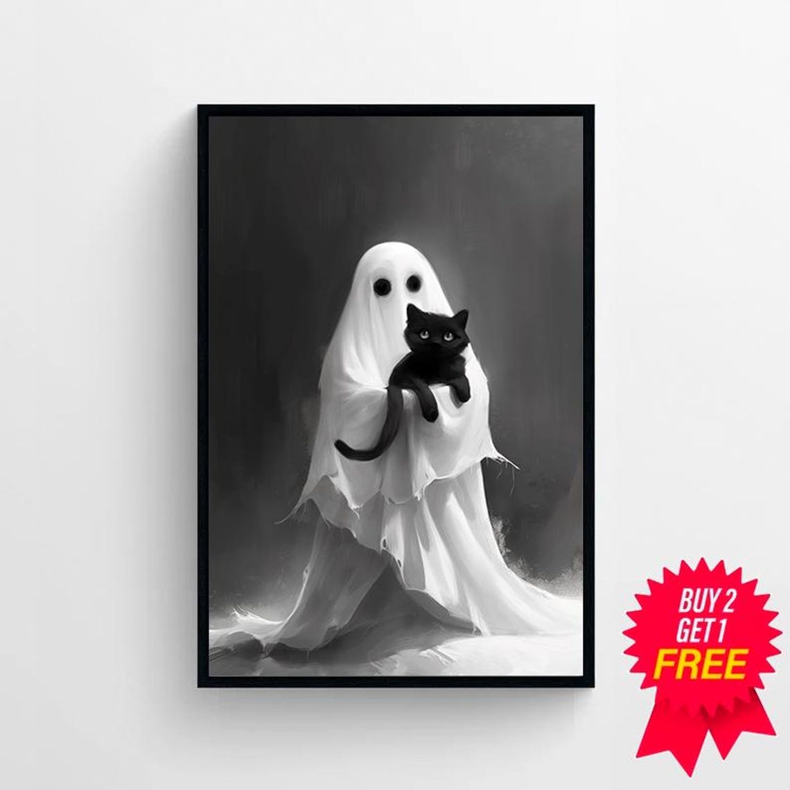 Ghost Hugging A Black Cat Black And White Spooky Cute Art Poster - Image 4