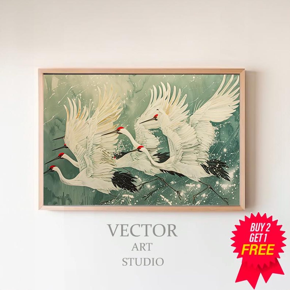 Red-Crowned Cranes in Flight Over Japanese Green Landscape Poster