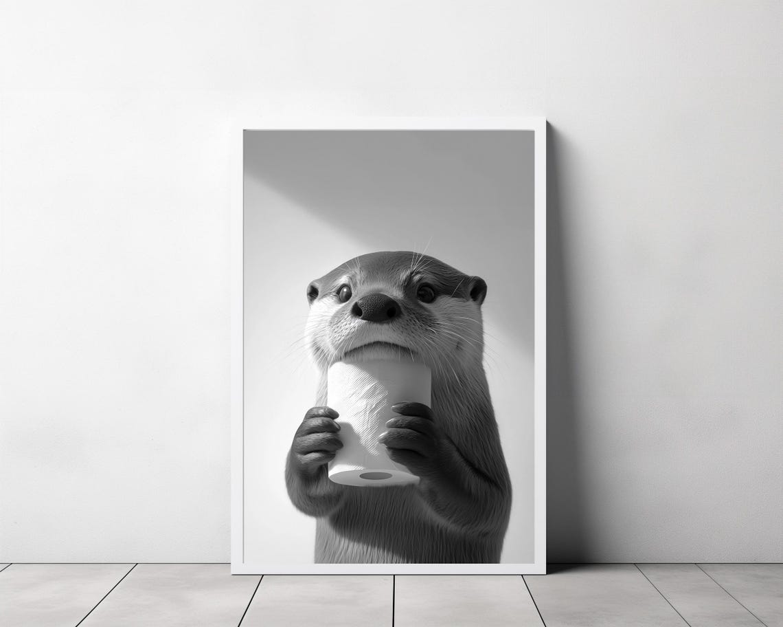 Funny Black and White Otter Biting a Toilet Paper Roll Poster - Image 3