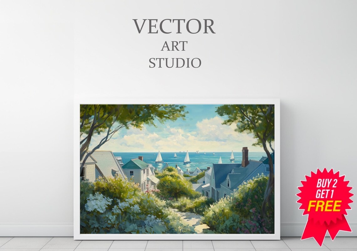 Charming Coastal Town With Sailboats On A Bright Summer Day Poster - Image 3