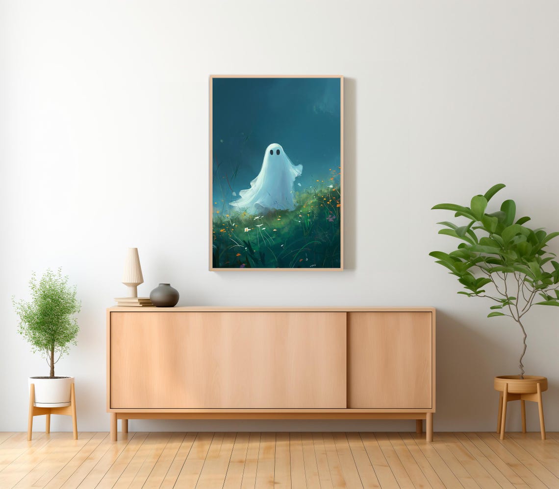 Cute Ghost Floating Above A Blooming Wildflower Meadow Night Poster - Image 2