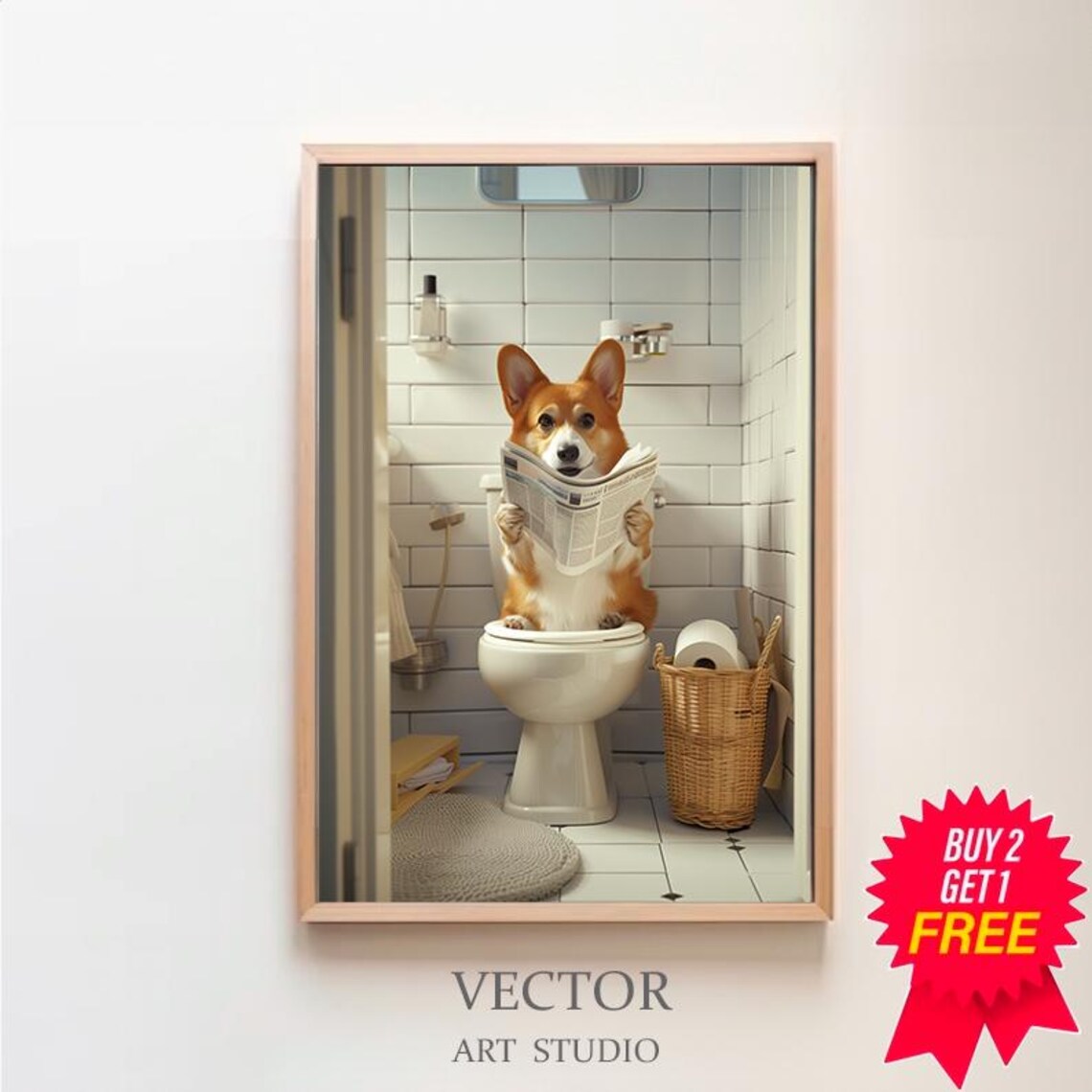 Pembroke Welsh Corgi in Toilet Bathroom Art Print