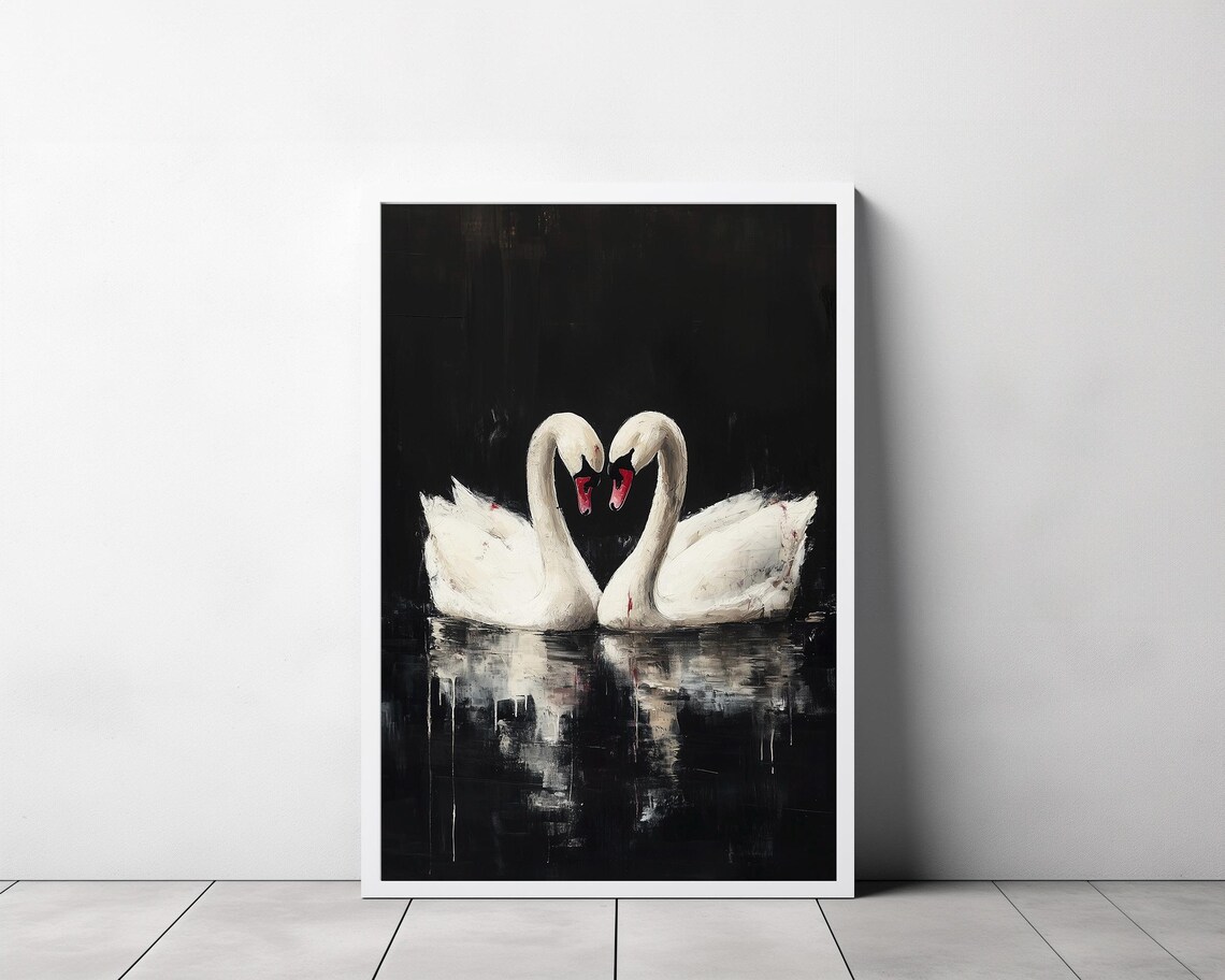 Two White Swans Forming a Heart on Dark Water Oil Painting Poster - Image 3
