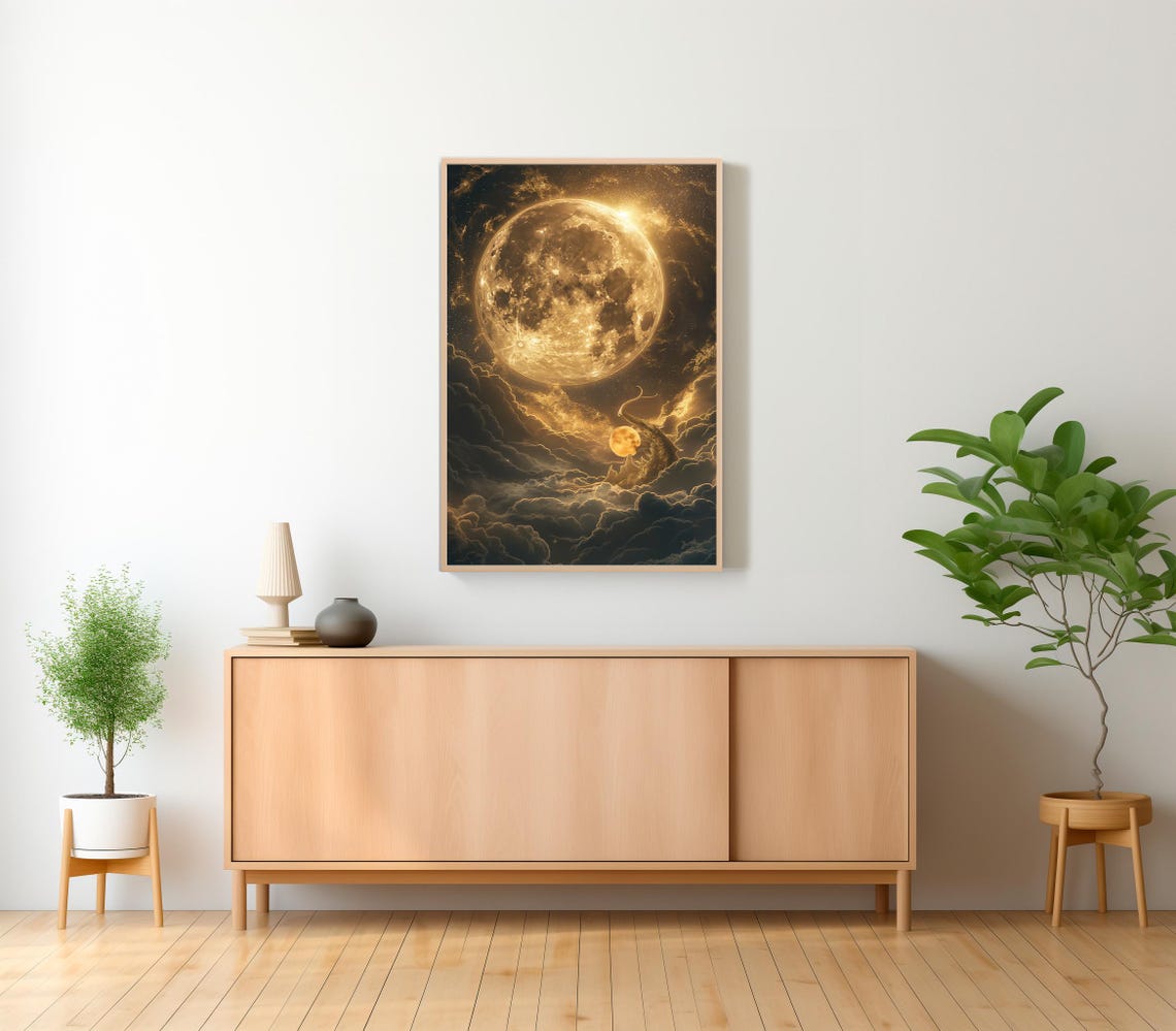 Golden Full Moon Above Dark Clouds Lunar Dreamscape Art Poster - Image 2