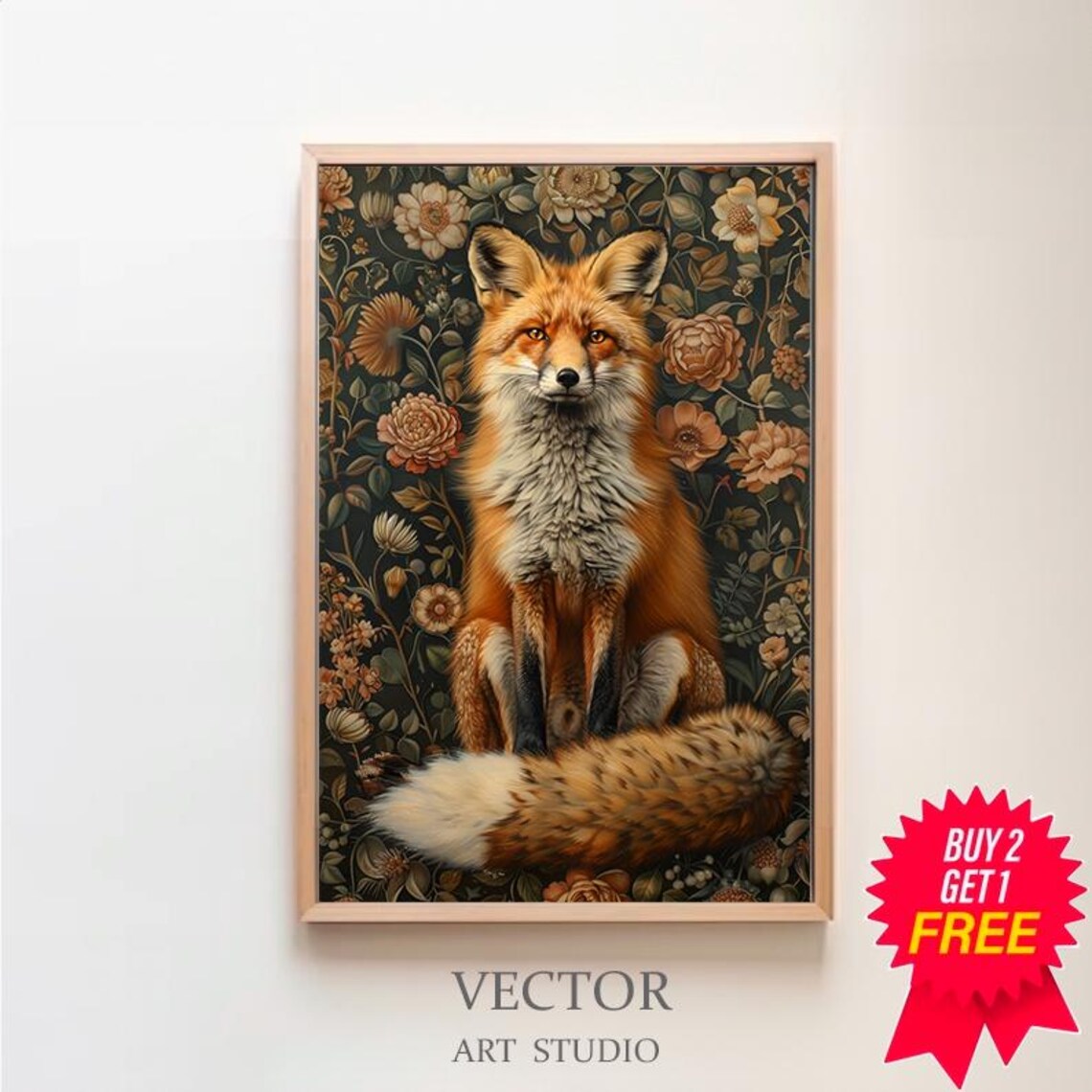 Red Fox in Vintage Floral Tapestry Woodland Botanical Poster