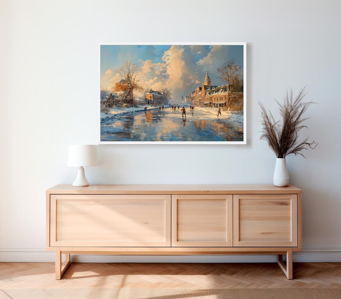 Dutch Canal Ice Skaters Winter Village Town Street Scene Poster - Image 2