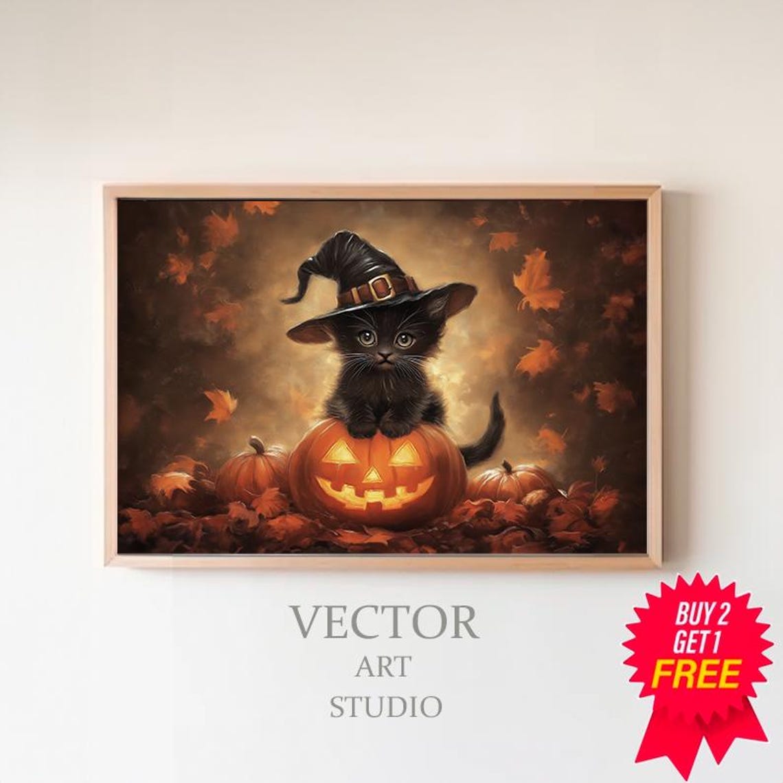 Black Kitten in Witch Hat on Jack-O-Lantern Halloween Poster