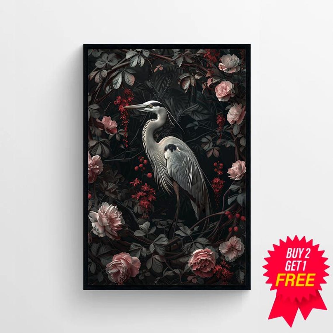 Grey Heron Standing Among Pink Roses in a Dark Botanical Garden Poster - Image 4