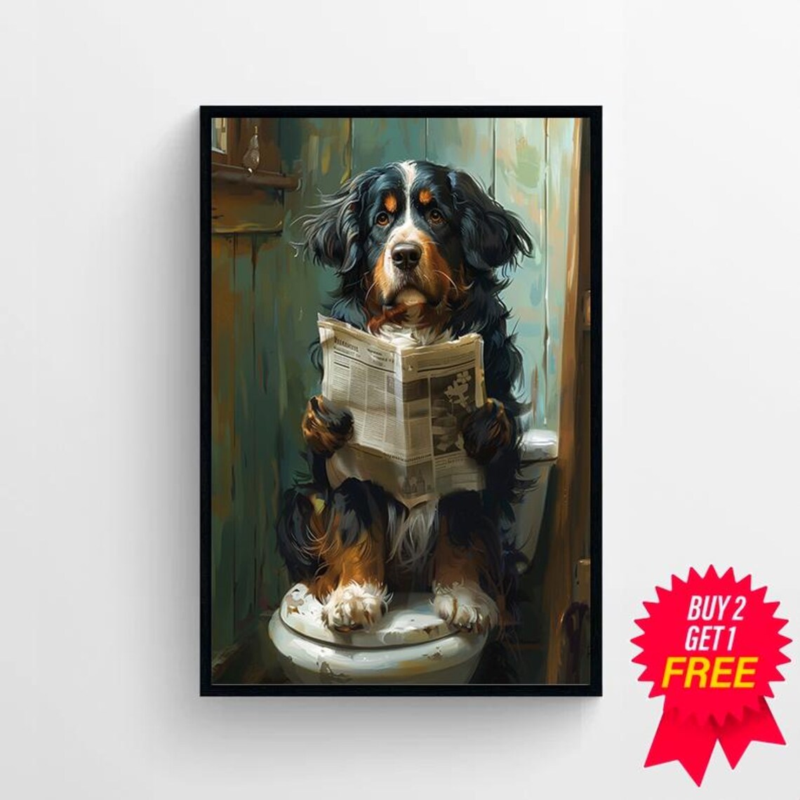 Funny Bernese Mountain Dog Reading Newspaper on Toilet Poster - Image 4