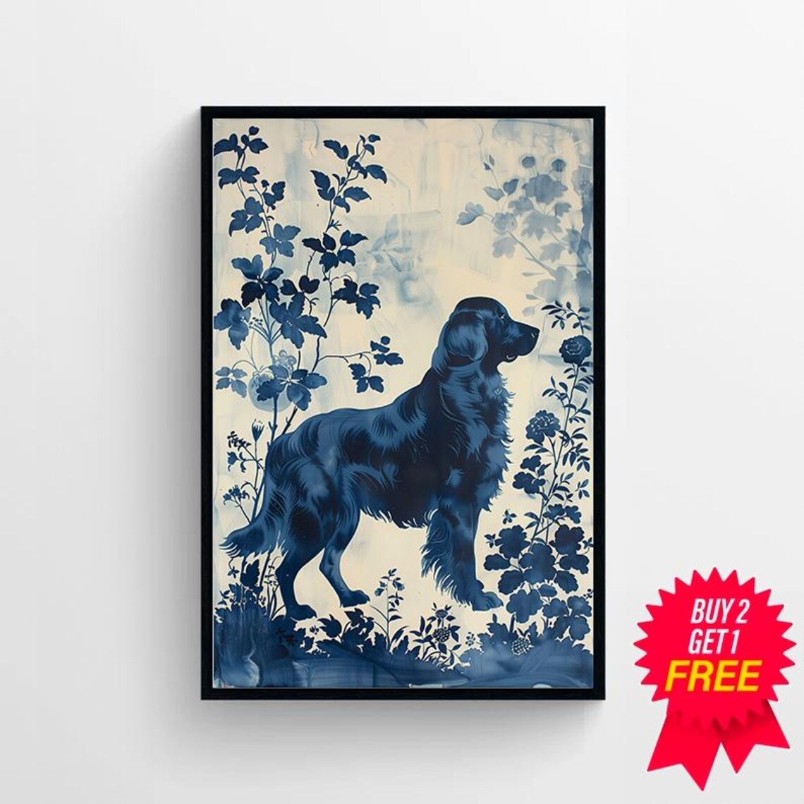 Blue Porcelain Style Dog Among Floral Branches Chinoiserie Art Print - Image 4