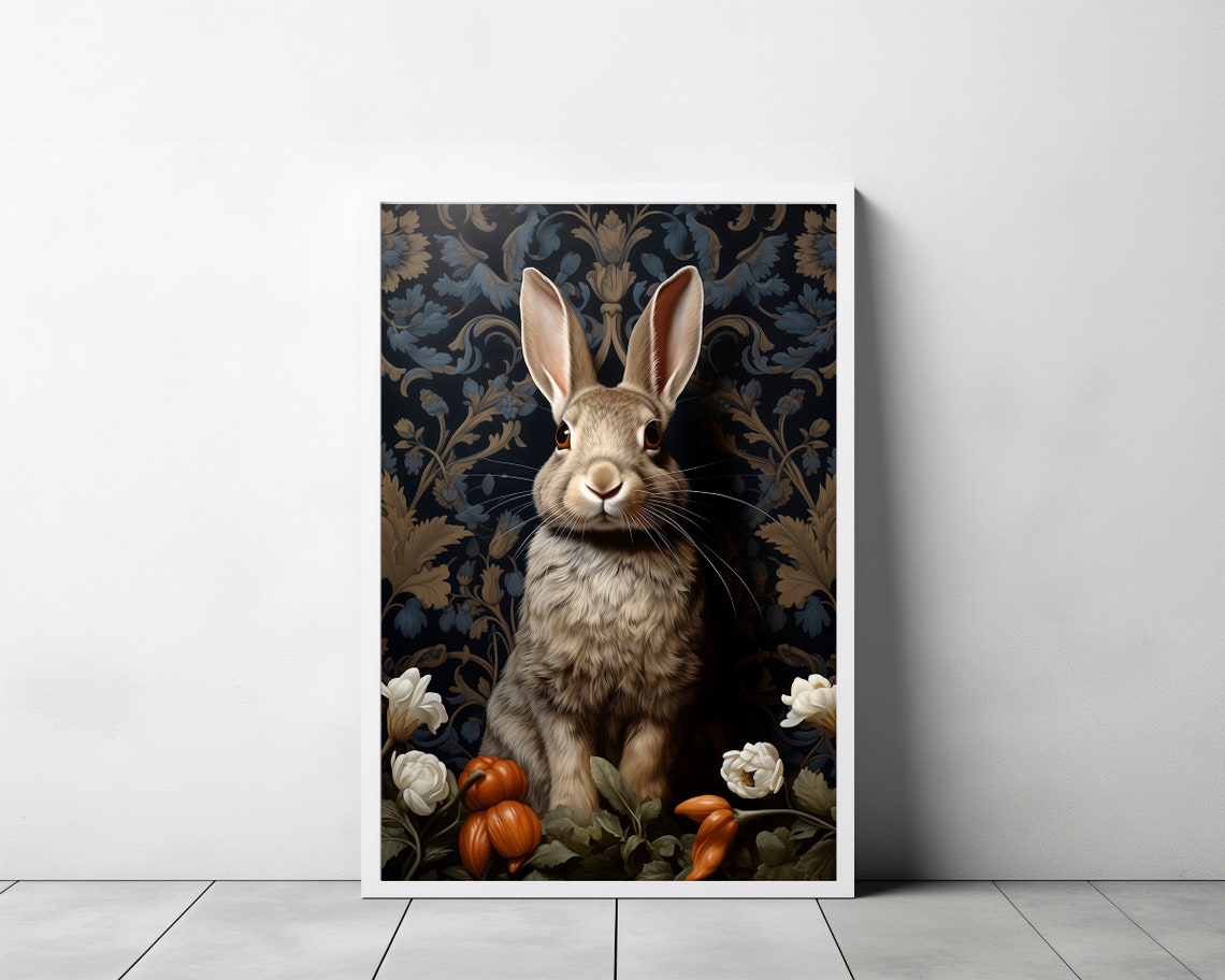 White Rabbit Botanical Night Garden Gold Damask Pattern Art Poster - Image 3