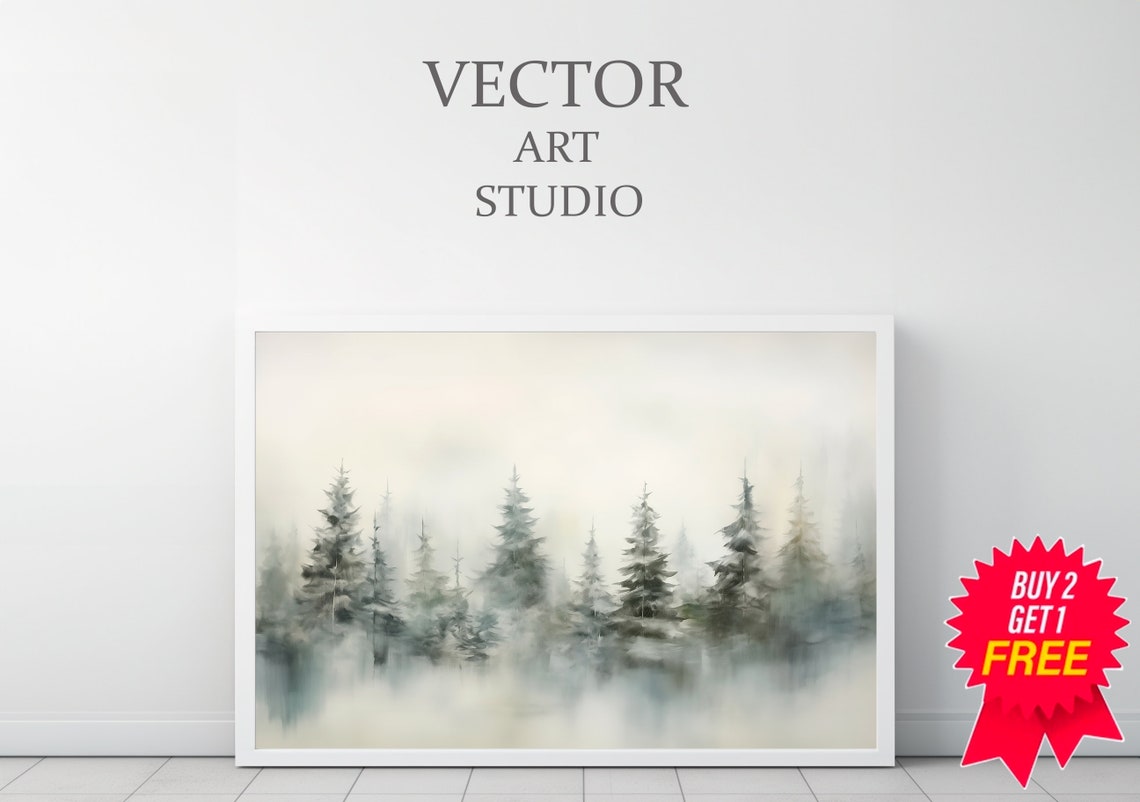 Foggy Pine Trees Reflected in Still Water Grey Wash Painting Poster - Image 3