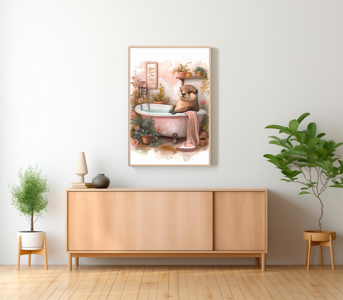 Sea Otter Bath Time in a Pink Tub Watercolor Floral Bathroom Poster - Image 2