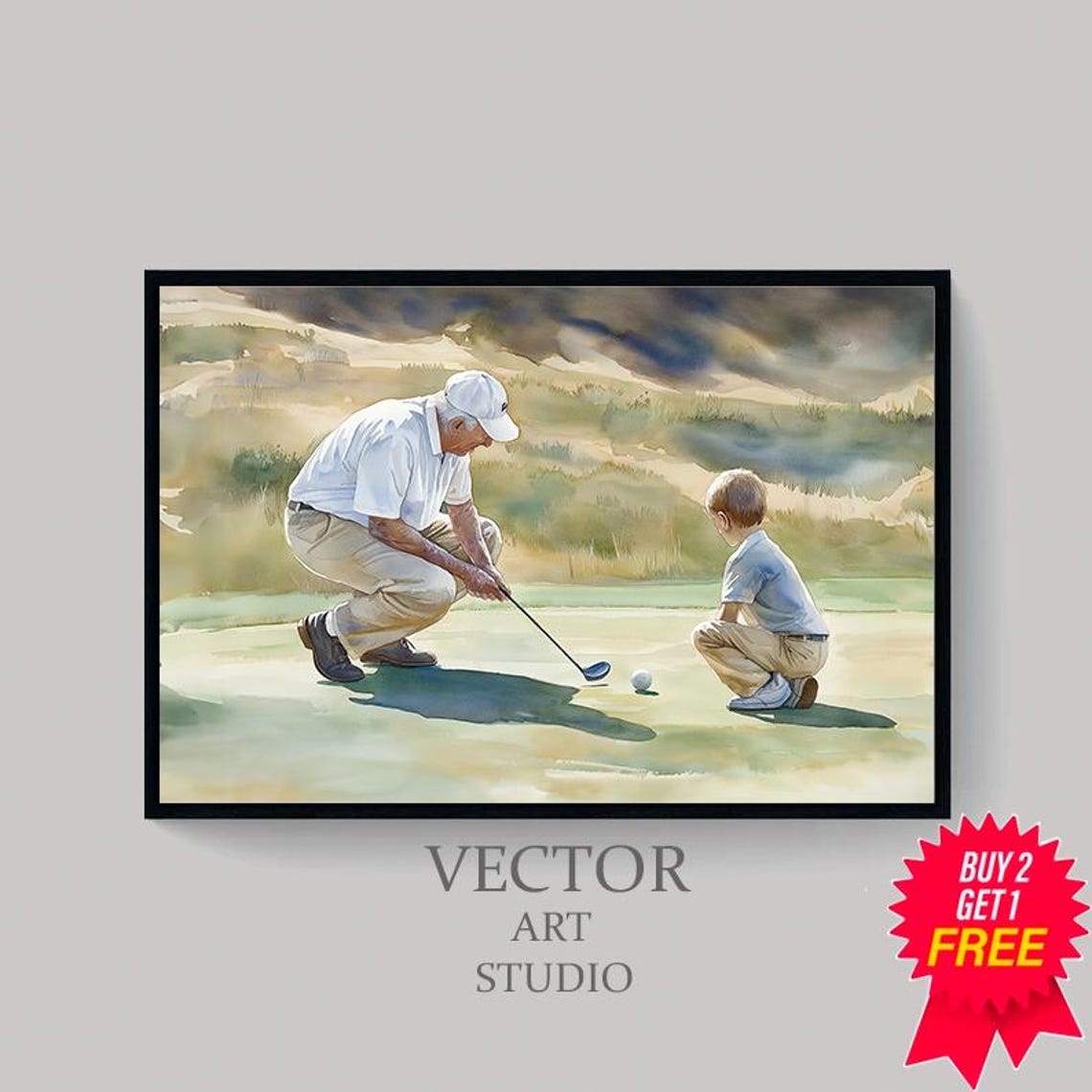 Grandfather and Grandson Putting on a Sunny Green Golf Course Poster - Image 4