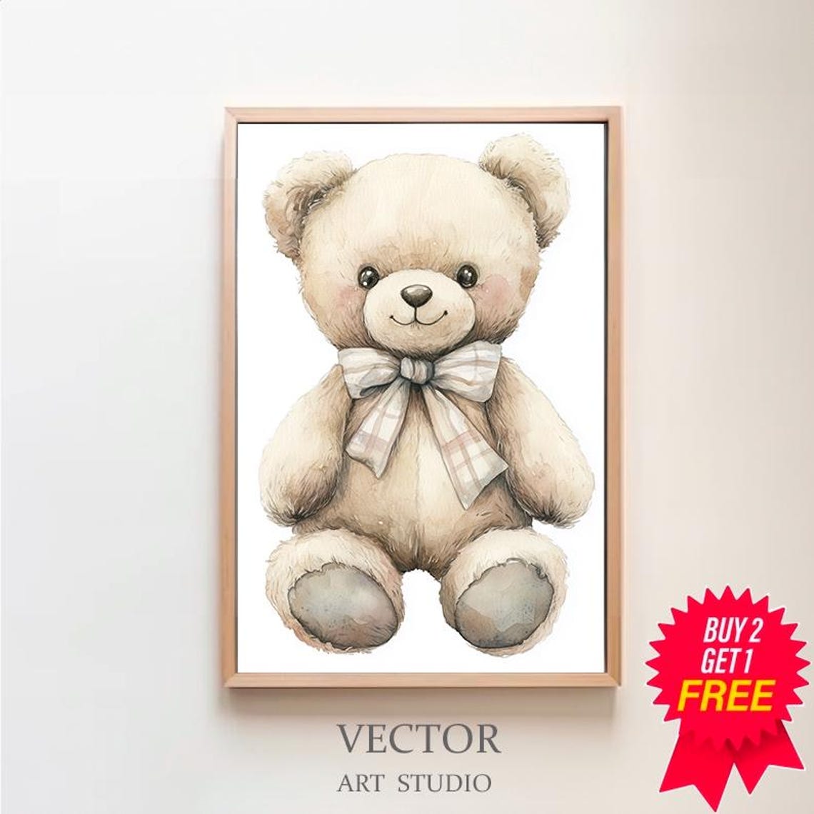 Cream Teddy Bear with Plaid Bow Watercolor Nursery Decor Poster