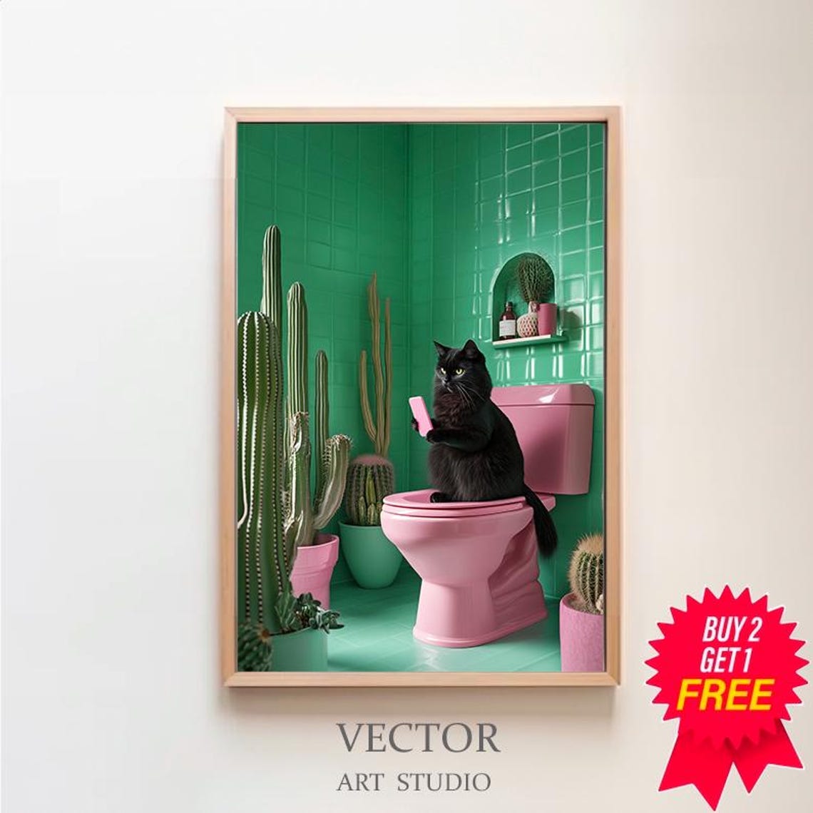 Funny Black Cat Sitting on a Pink Toilet Scrolling Phone Poster
