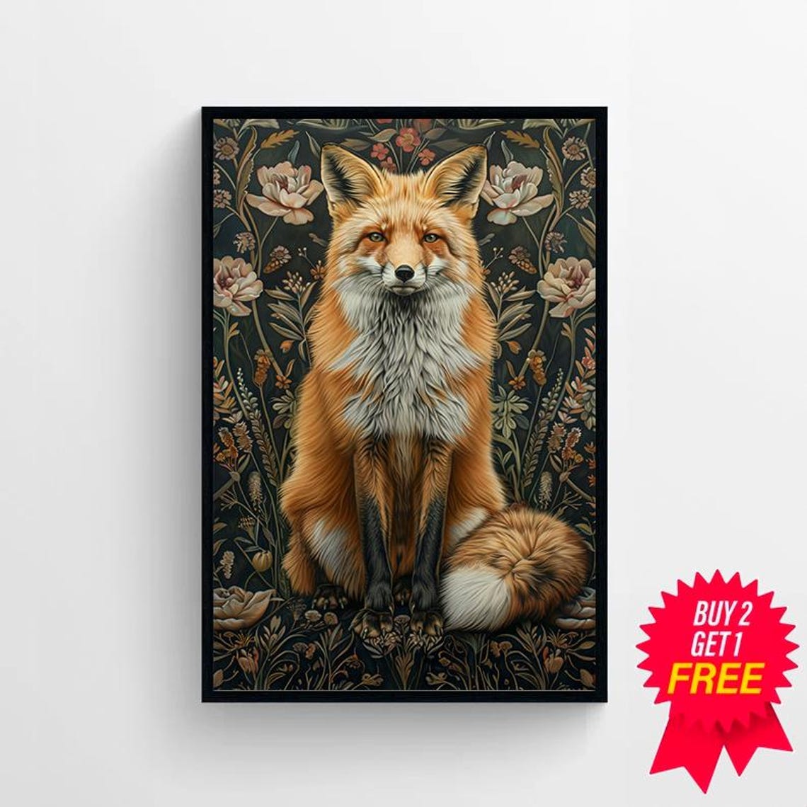 Red Fox Among Blush Roses on a Dark Moody Botanical Art Poster - Image 4