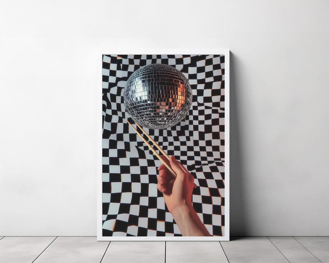 Silver Disco Ball over Chopsticks on a Wavy Checkered Poster - Image 3