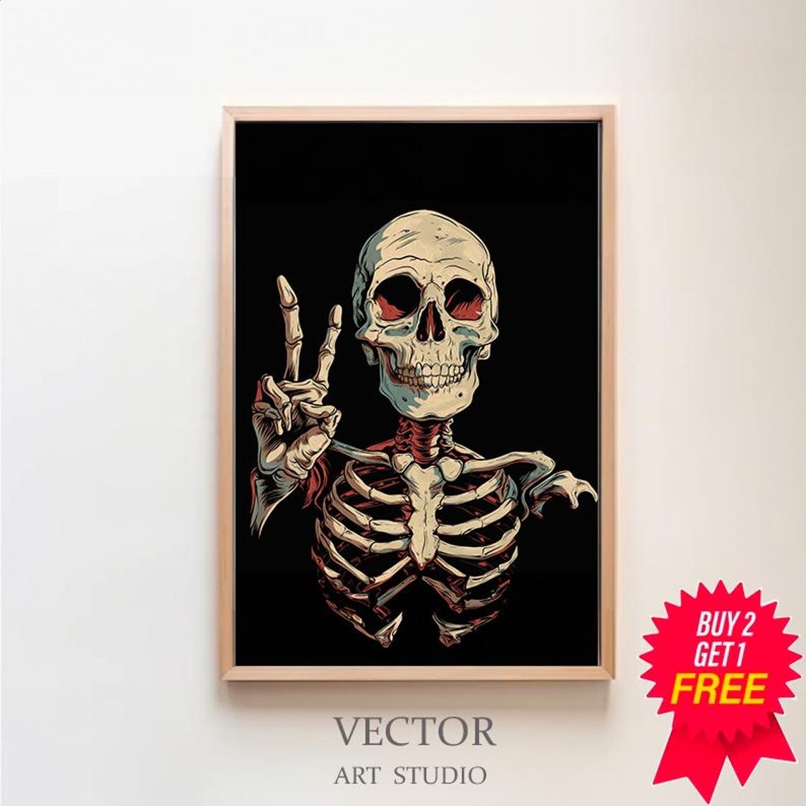 Cool Skeleton Flashing Peace Sign Tattoo Style Gothic Art Poster