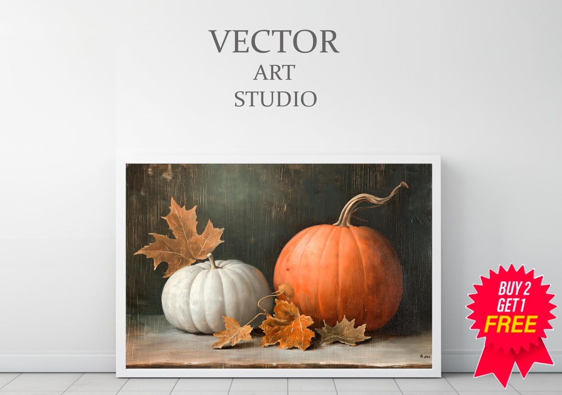 White And Orange Pumpkins With Leaves Dark Still Life Wall Art - Image 3
