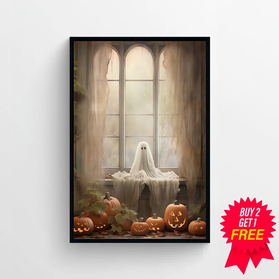 Ghost on a Windowsill With Glowing Jack O Lanterns Autumn Poster - Image 4